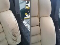 Beige leather car seat bolster before and after repair